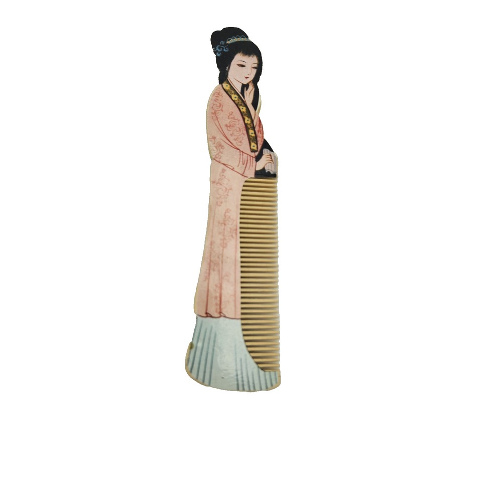 Vintage Asian Lady Decorative Wooden Comb 6.5" Hand Painted Hair Accessory